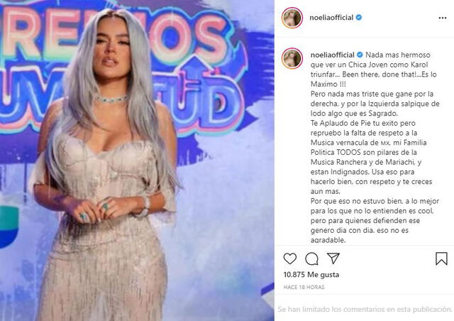 Noelia arremete contra Karol G por cantar con mariachis y usar insultos. Foto: captura/Instagram