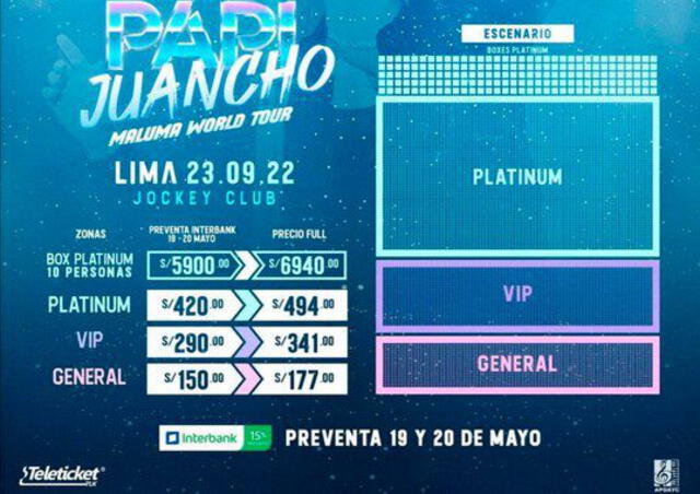 Lista de precios para el concierto de Maluma en Lima. Foto: Teleticket.