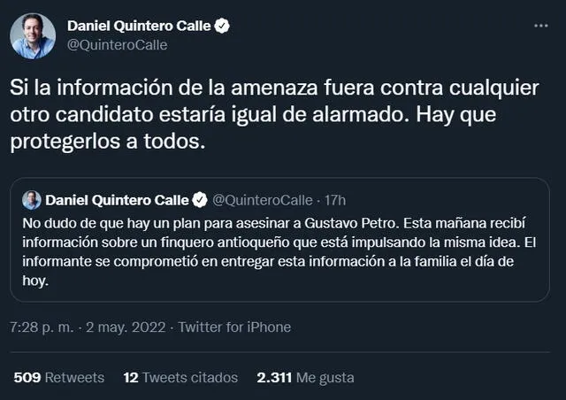 Mensaje de Daniel Quintero en su cuenta de Twitter. Foto: captura de pantalla / @QuinteroCalle / Twitter