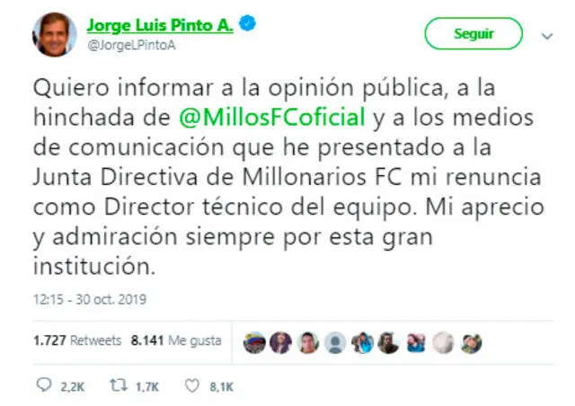 Jorge Luis Pinto renunció a Millonarios FC.