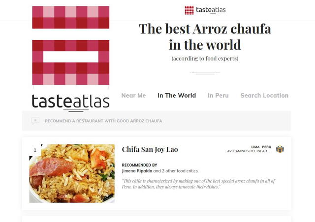  ¡Orgullo nacional El chifa San Joy Lao tiene al mejor arroz chaufa del mundo. Foto: Taste Atlas  