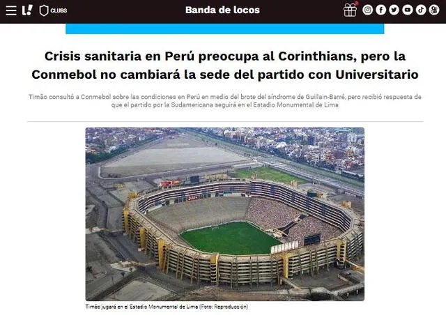 Nota del diario Lance sobre partido Universitario vs. Corinthians. <strong>Foto: </strong> <strong>Lance de Brasil</strong>    