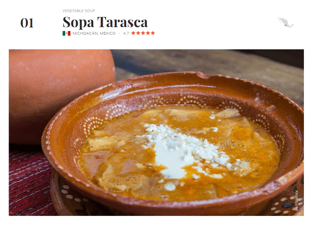  Así aparece la sopa tarasca en el ranking de los mejores platos mexicanos de Taste Atlas. Foto: Taste Atlas 
