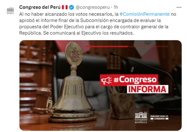 Congreso informó, a través de sus redes sociales, el rechazo de la candidatura de Pedro Cartolín como nuevo contralor general de la República. Foto: Congreso.   