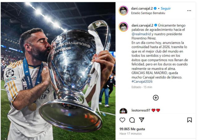  Mensaje de Dani Carvajal. Foto: Instagram   