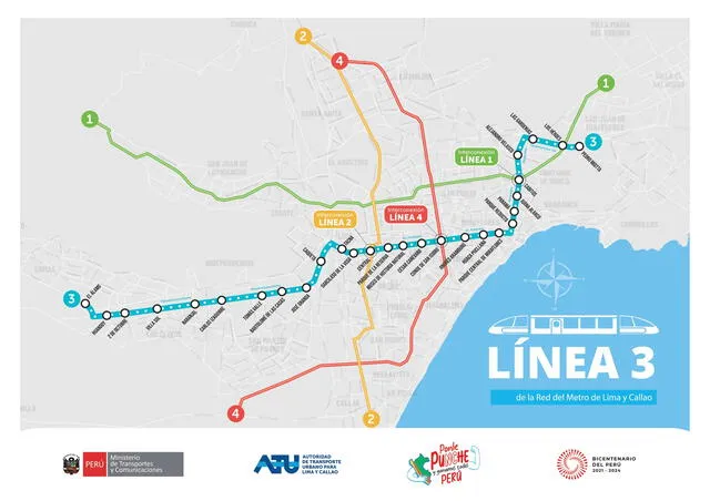 Ruta de las 28 estaciones de la Línea 3 del Metro de Lima. Foto: ATU   