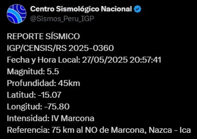 Sismos en Ica, según reporte de IGP. Foto: X   