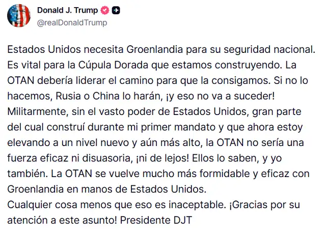  Mientras tanto, en Washington se busca reducir tensiones con un encuentro entre funcionarios estadounidenses y daneses. Foto: RealDonaldTrump    