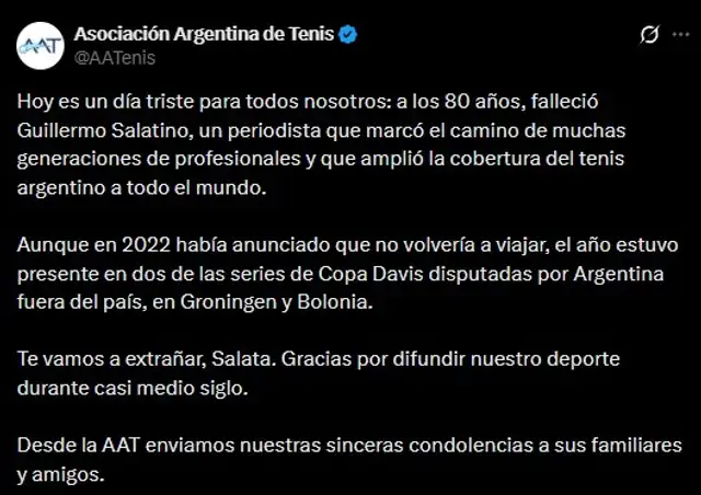 La AAT se despide de Guillermo Salatino. Foto: X   