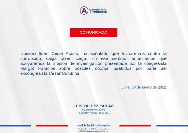 Alianza para el progreso apoyará la moción que se presentará en contra del excongresista César Combina. Foto: Twitter.