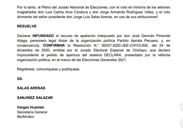 JNE rechaza inscripción de lista del APRA al Congreso por Amazonas.