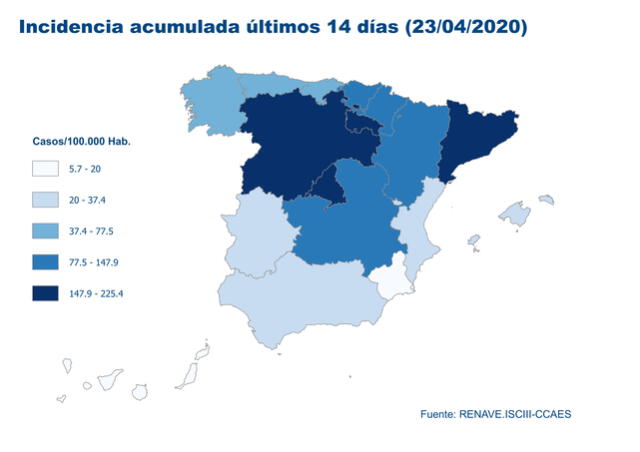 Incidencia acumulada de casos de coronavirus en España en los últimos 14 días hasta el 23 de abril de 2020. (Foto: Ministerio de Sanidad de España).