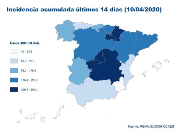 Incidencia acumulada de casos de coronavirus en España en los últimos 14 días hasta el 10 de abril de 2020. (Foto: Ministerio de Sanidad de España)