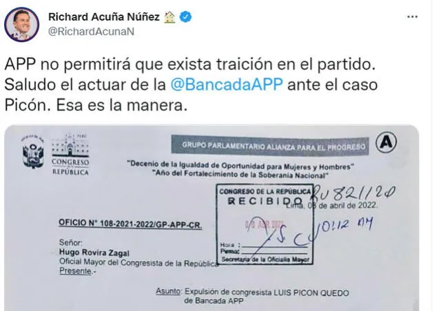 Richard Acuña se pronuncia sobre la expulsión de Luis Picón. Foto: Twitter.