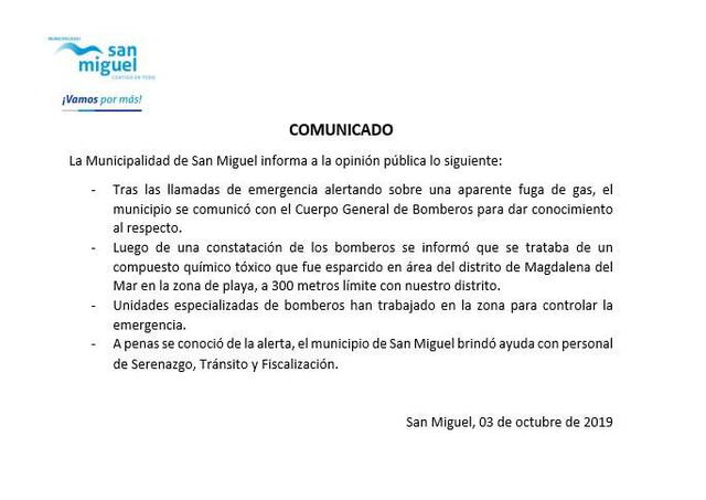 Comunicado publicado en redes sociales de la Municipalidad de San Miguel.
