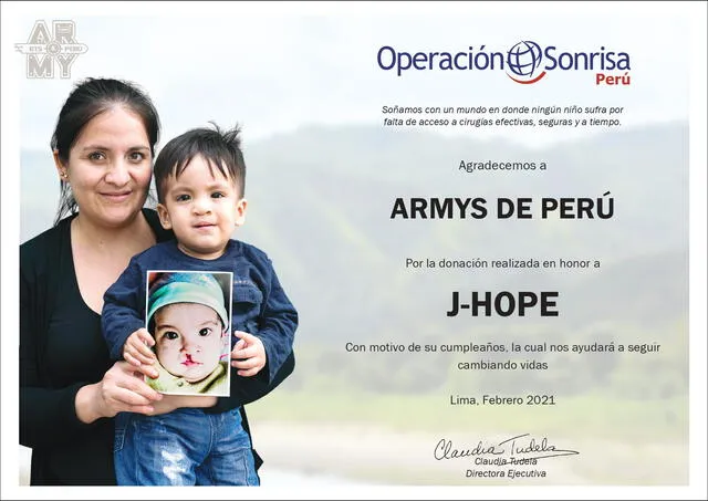 Donativo a Operación Sonrisa a nombre de J-Hope. Foto: ARMY Perú