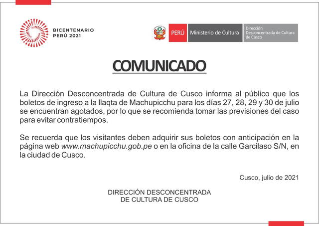 Comunicado. Fuente: DDC Cusco