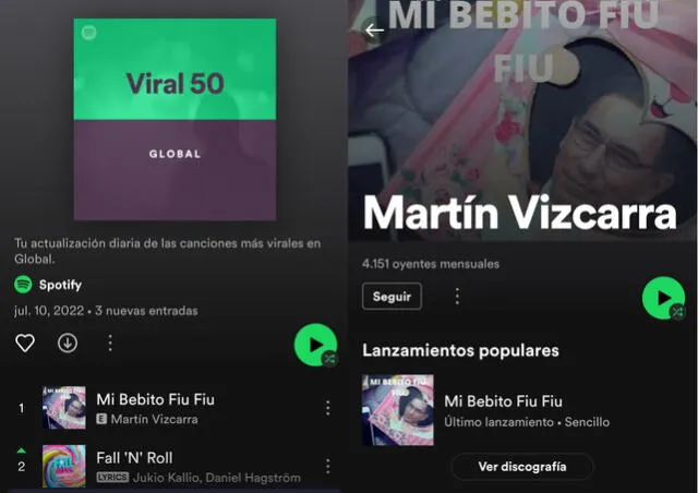 "Mi bebito fiu fiu" fue restablecido en Spotify con Martín Vizcarra como autor. Foto: captura Spotify