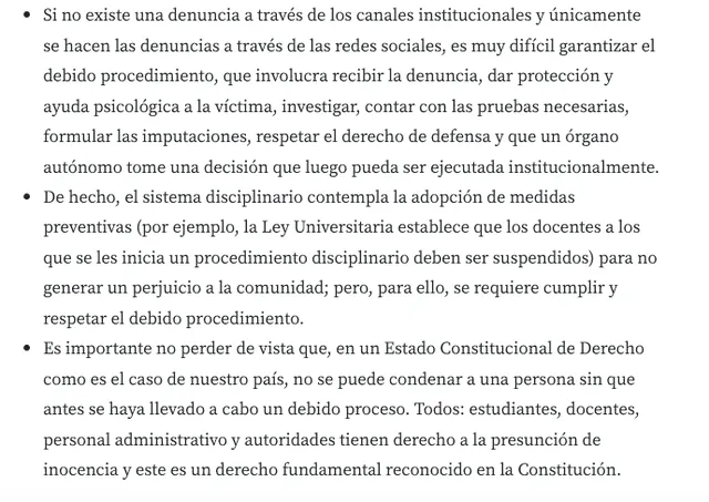 Parte del comunicado que comparte la PUCP en su página web sobre el caso