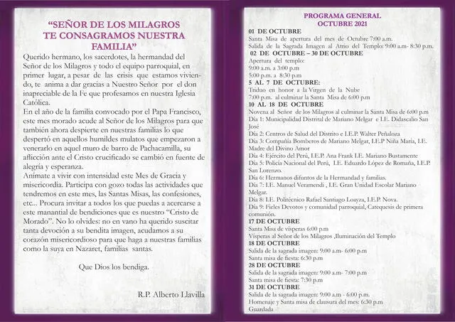 Programa general 2021. Foto: Hermandad Señor de los Milagros- Arequipa
