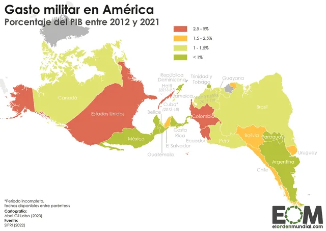 Mapa del gasto militar en la región. Foto: El Orden Mundial   
