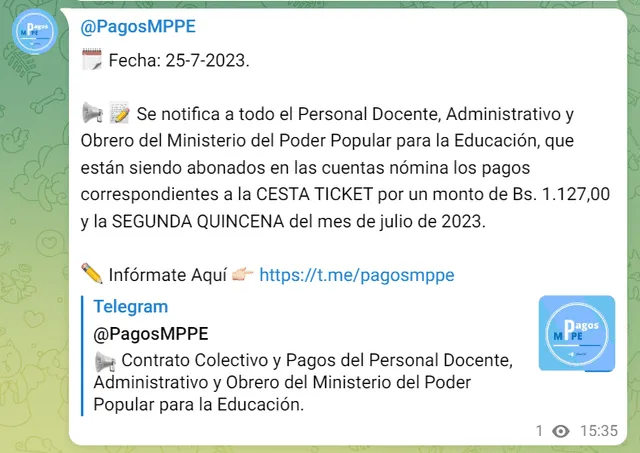 El Cestaticket para los docentes del MPPE se pagó el último 25 de julio. Foto: Pagos MPPE/Telegram