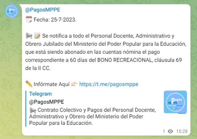 El pago fue destinado al personal docente, administrativo y obrero jubilado del MPPE. Foto: Pagos MPPE/Telegram