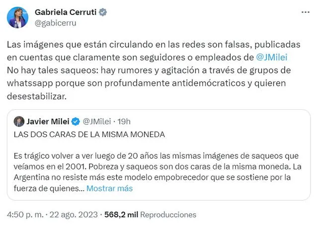 Gabriela Cerruti, portavoz de la presidencia de Argentina, le respondió a Javier Milei. Foto: captura @gabicerru/X   