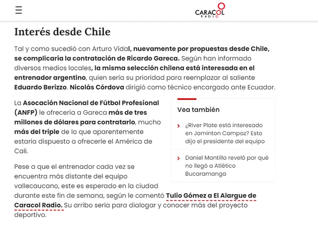  Prensa colombiana sobre oferta de Chile a Gareca. Foto: Caracol Radio   