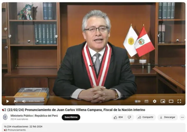  Video del pronunciamiento de Juan Carlos Villena fue difundido el 22 de febrero del 2024 por la Fiscalía. Foto: captura en Youtube / MP.&nbsp;   