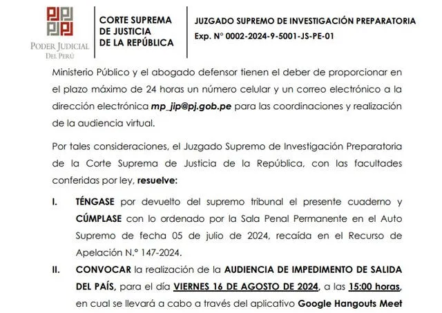 Notificación de la audiencia para decidir impedimento de saliada del país contra Patricia Benavides. Foto: Poder Judicial   