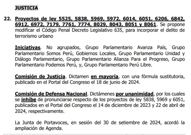  Agenda del Pleno del Congreso de este 3 de octubre donde se debatirán los proyectos de ley sobre terrorismo urbano. | Foto: Congreso.   