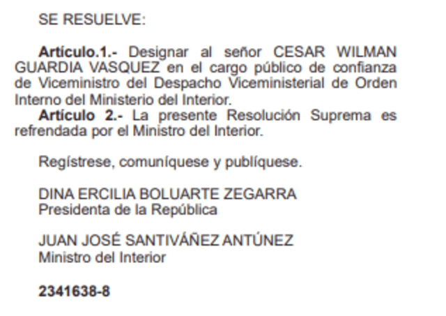 Designación de César Guardia Vásquez como nuevo viceministro de Orden Interno del Ministerio del Interior.   