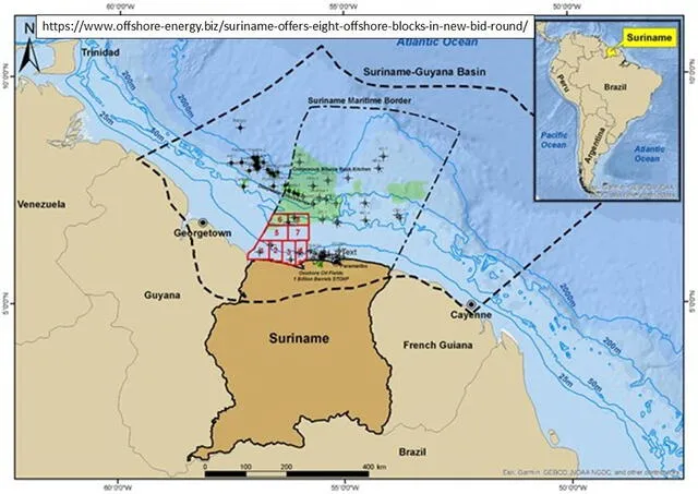 Localización de 8 nuevos bloques exploratorios ofertados por Surinam. Foto: Staatsolie.   