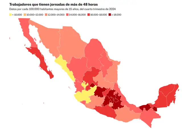  Mapa de trabajadores con jornadas laborales de más de 48 horas. Foto: INEGI/El País<br>    