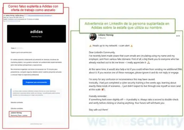 Correo electrónico falso que suplanta a Adidas. Y advertencia en LinkedIn de la persona suplantada en la empresa sobre la estafa a su nombre.