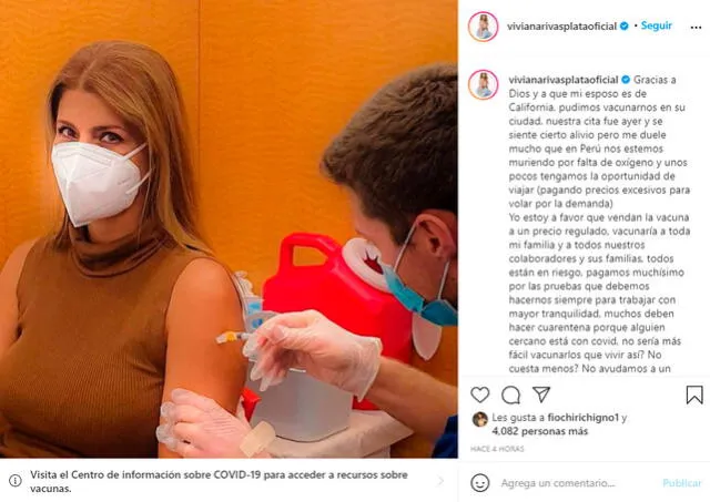 La exreina de belleza peruana Viviana Rivasplata se vacunó contra la COVID-19 en Estados Unidos. Foto: Viviana Rivasplata Instagram