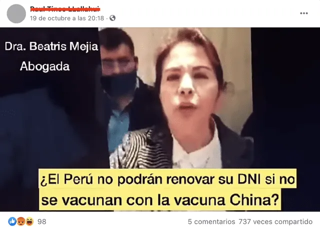 Publicación de Facebook con afirmaciones falsas sobre la vacuna COVID-19. Foto: Captura.