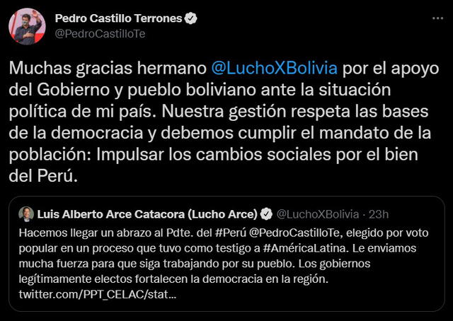 Pedro Castillo agradece pronunciamiento de Luis Arce, presidente de Bolivia. Foto: captura de Twitter