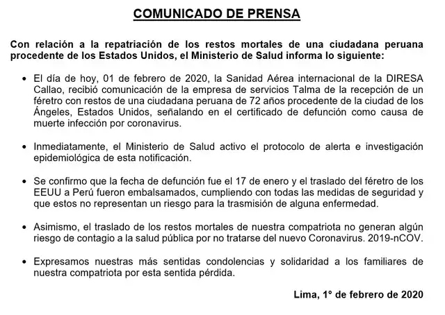 Comunicado del Ministerio de Salud.