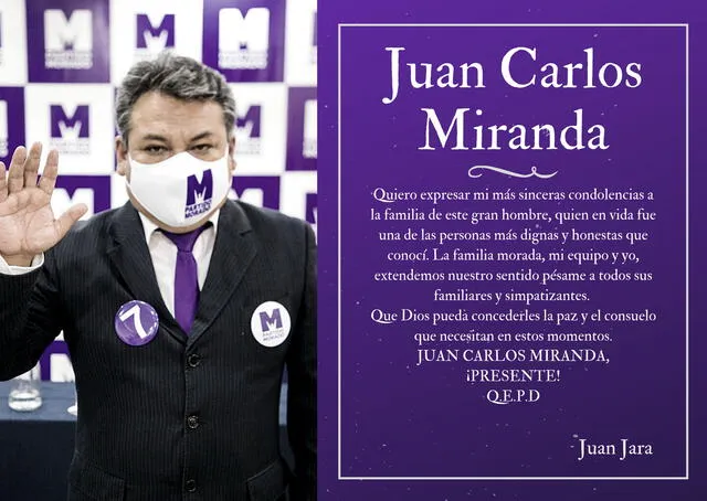 Partido Morado: compañeros de candidato Juan Carlos Miranda lamentan su muerte
