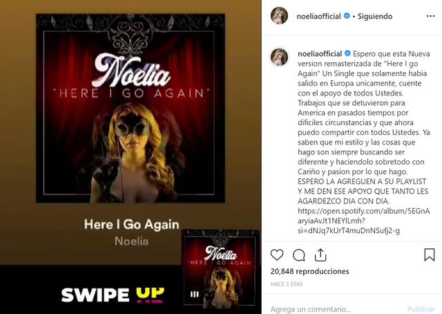 Noelia re estrena nueva canción "Here I Go Again"