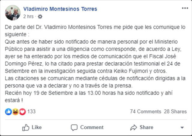 Facebook de Vladimiro Montesinos.