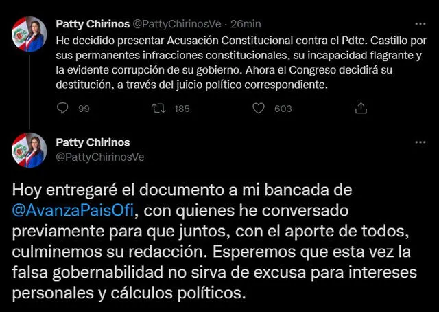 Chirinos anuncia acusación constitucional contra el jefe de Estado. Foto: captura de Twitter.