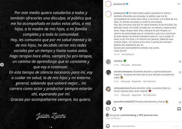  Julián Zucchi se pronuncia tras cerrar redes sociales. Foto: Julián Zucchi/Instagram<br><br>   