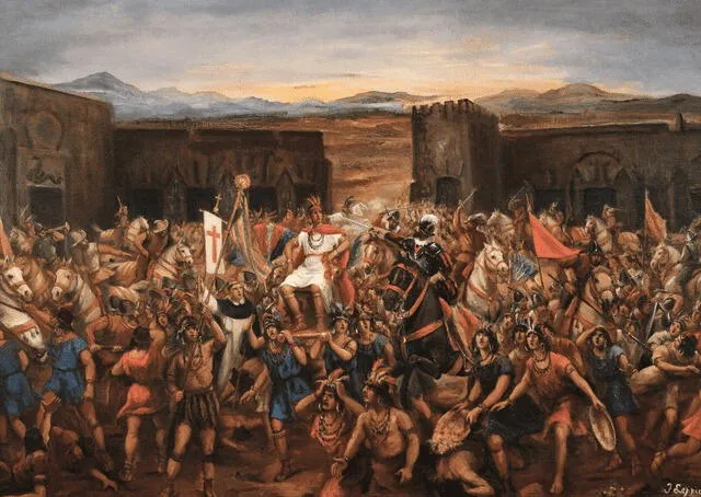  La captura de Atahualpa fue el 16 de noviembre de 1532. Pintura: Juan Lepiani<br>    