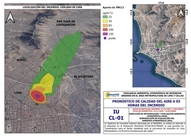 Senamhi advierte que contaminantes de incendio en Lima afecta a 4 distritos. Foto: Senamhi/X   