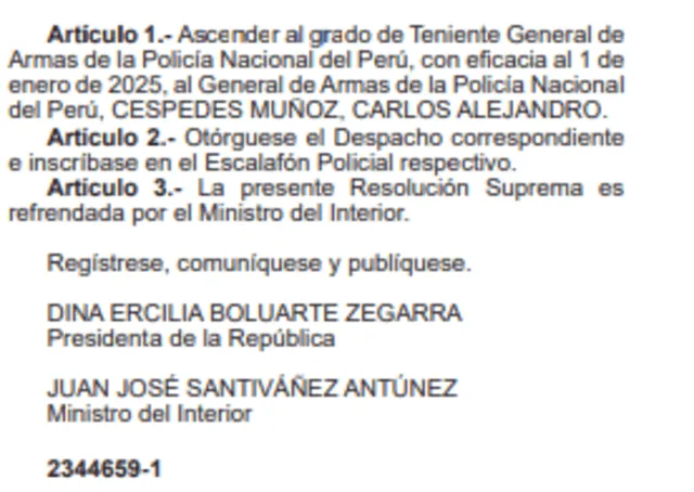 Resolución que asciende a Carlos Céspedes a Teniente General de la PNP.   