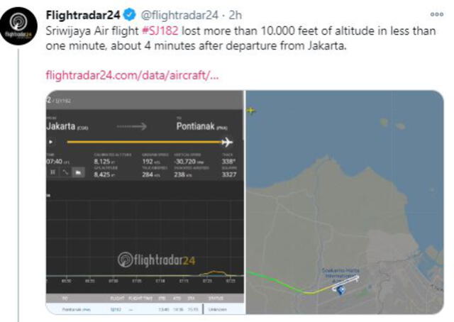Flight radar reportó el descenso de 3.000 metros de altitud en menos de un minuto y su desaparición de los radares. Foto: Twitter