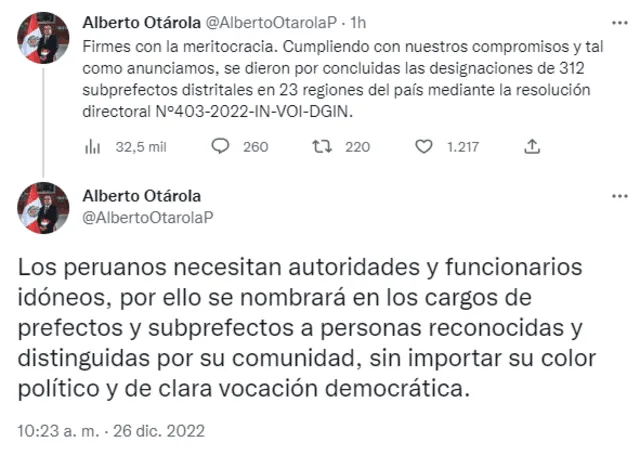 Tuit de Alberto Otárola sobre prefectos y subprefectos. Foto: captura de Twitter